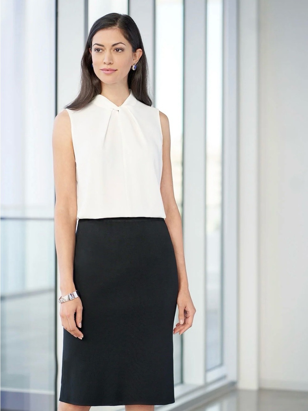 Ming Wang Ivory Sleeveless Pleated-Neck Camisole